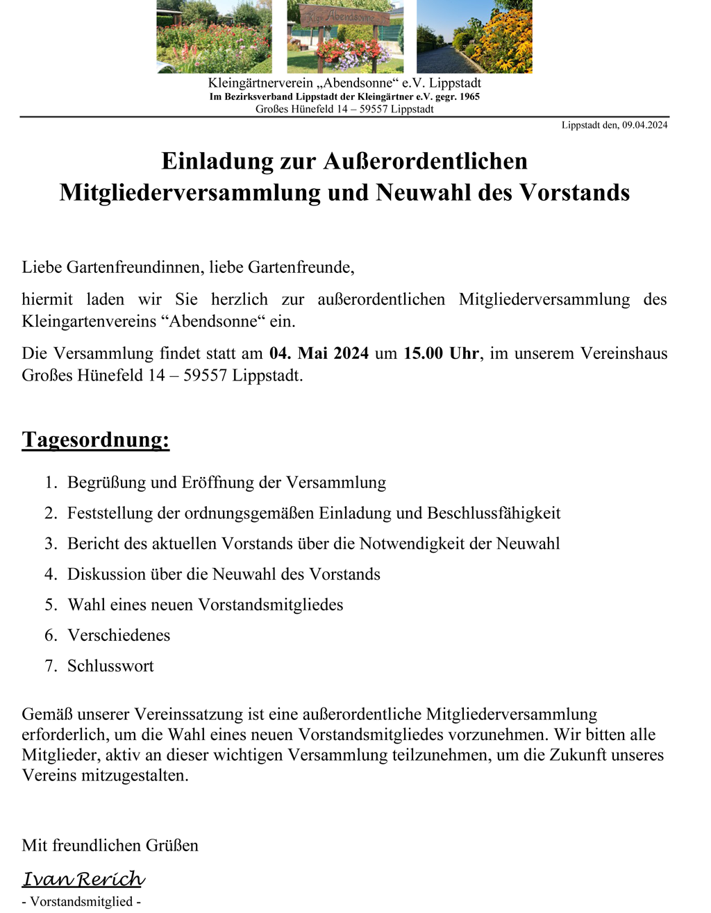 Außerordentlichen Mitgliederversammlung am 04.05.2024
