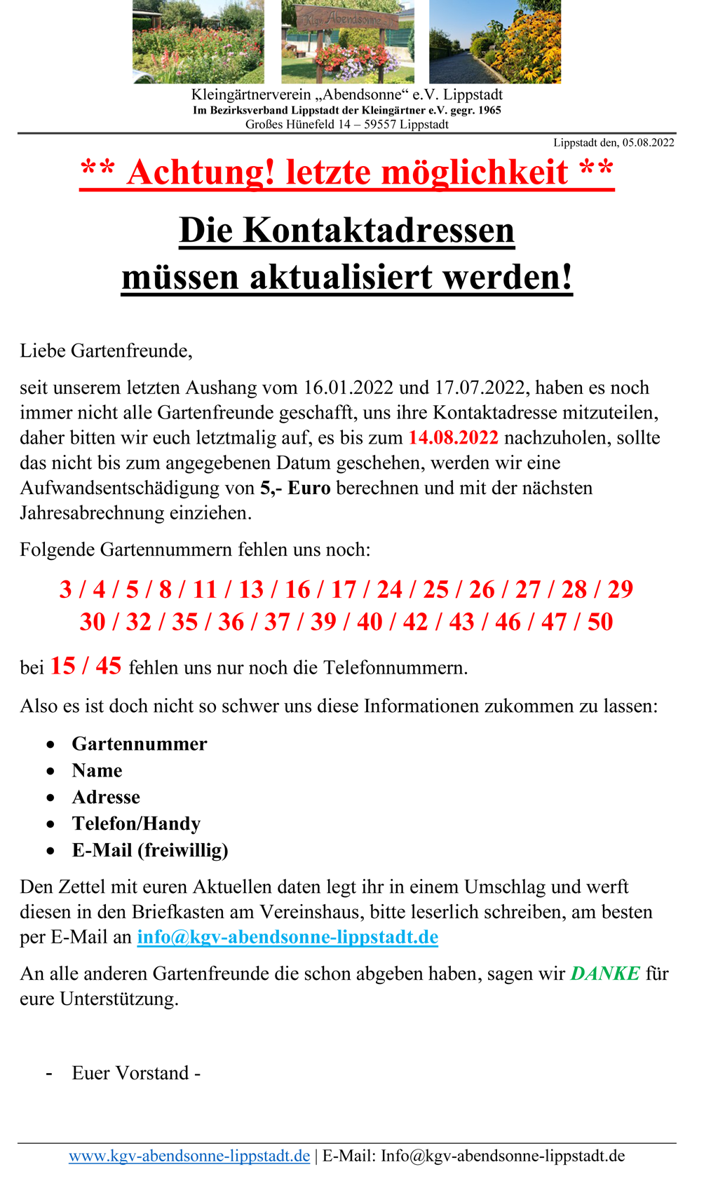 WICHTIG - Kontaktadressen aktualisieren!