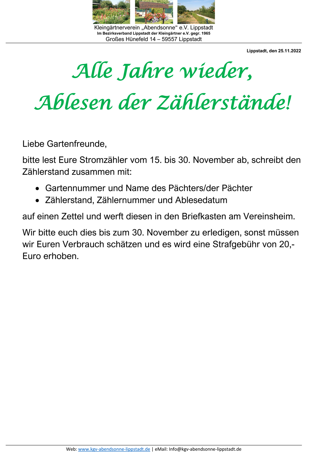 Ablesen der Zählerstände vom 15.11. bis 30.11.