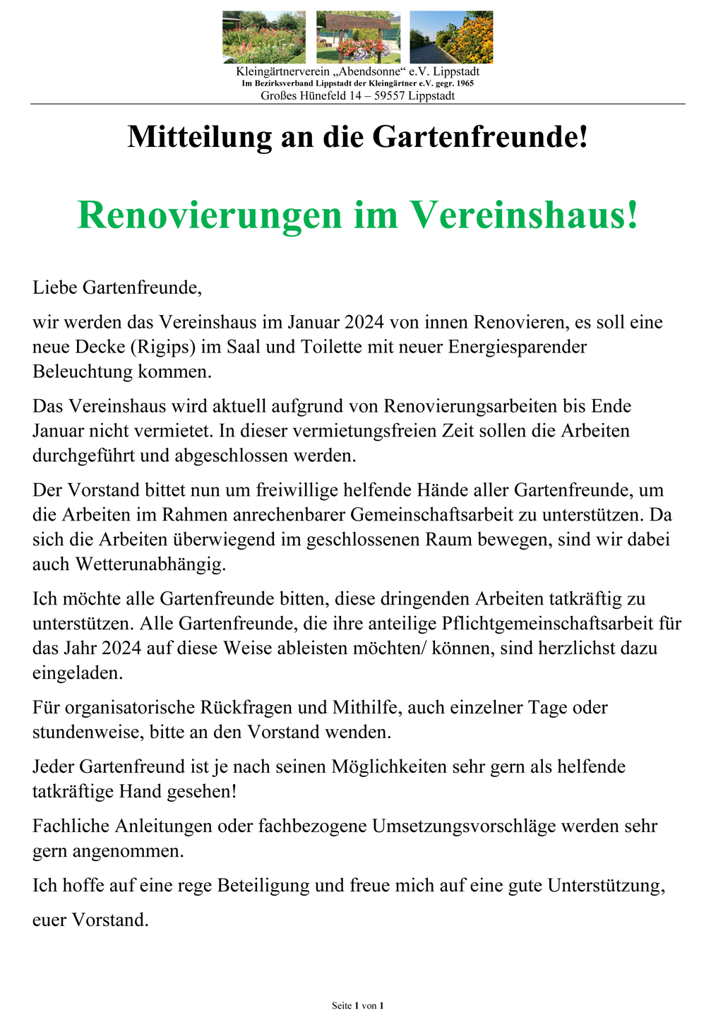 Renovierungen im Vereinshaus!
