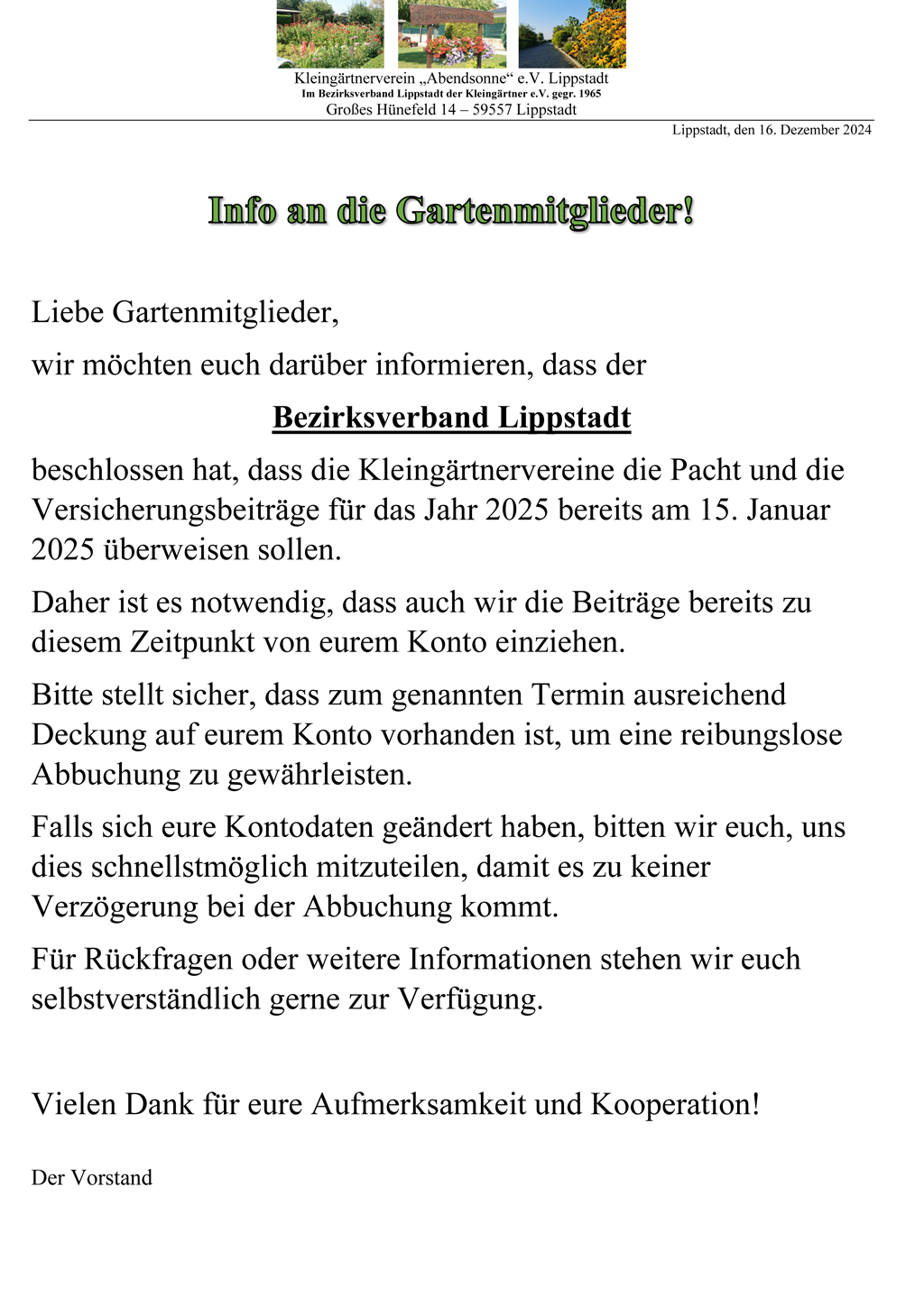 INFO: änderung der Abbuchung für die Pacht/Versicherung 2025