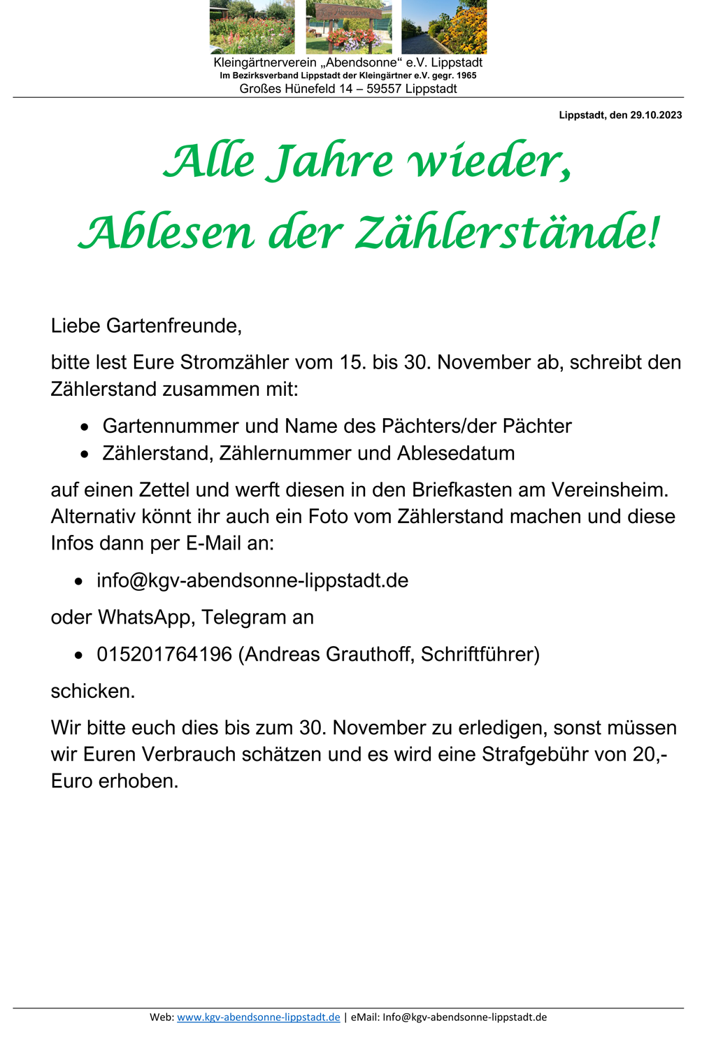 Ablesen der Zählerstände vom 15.11. bis 30.11.