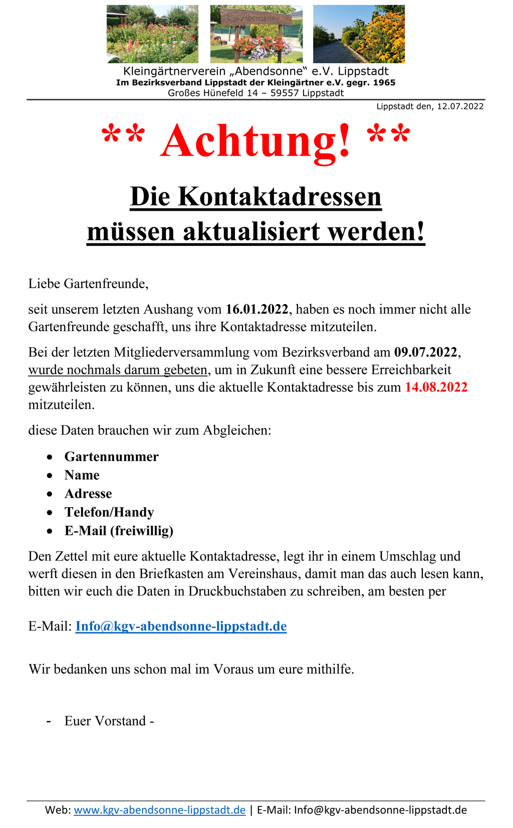 Kontaktadressen aktualisieren!