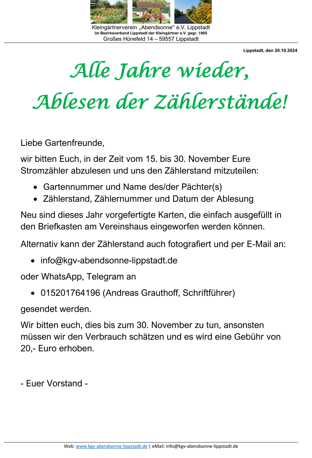 Ablesen der Zählerstände vom 15.11. bis 30.11.