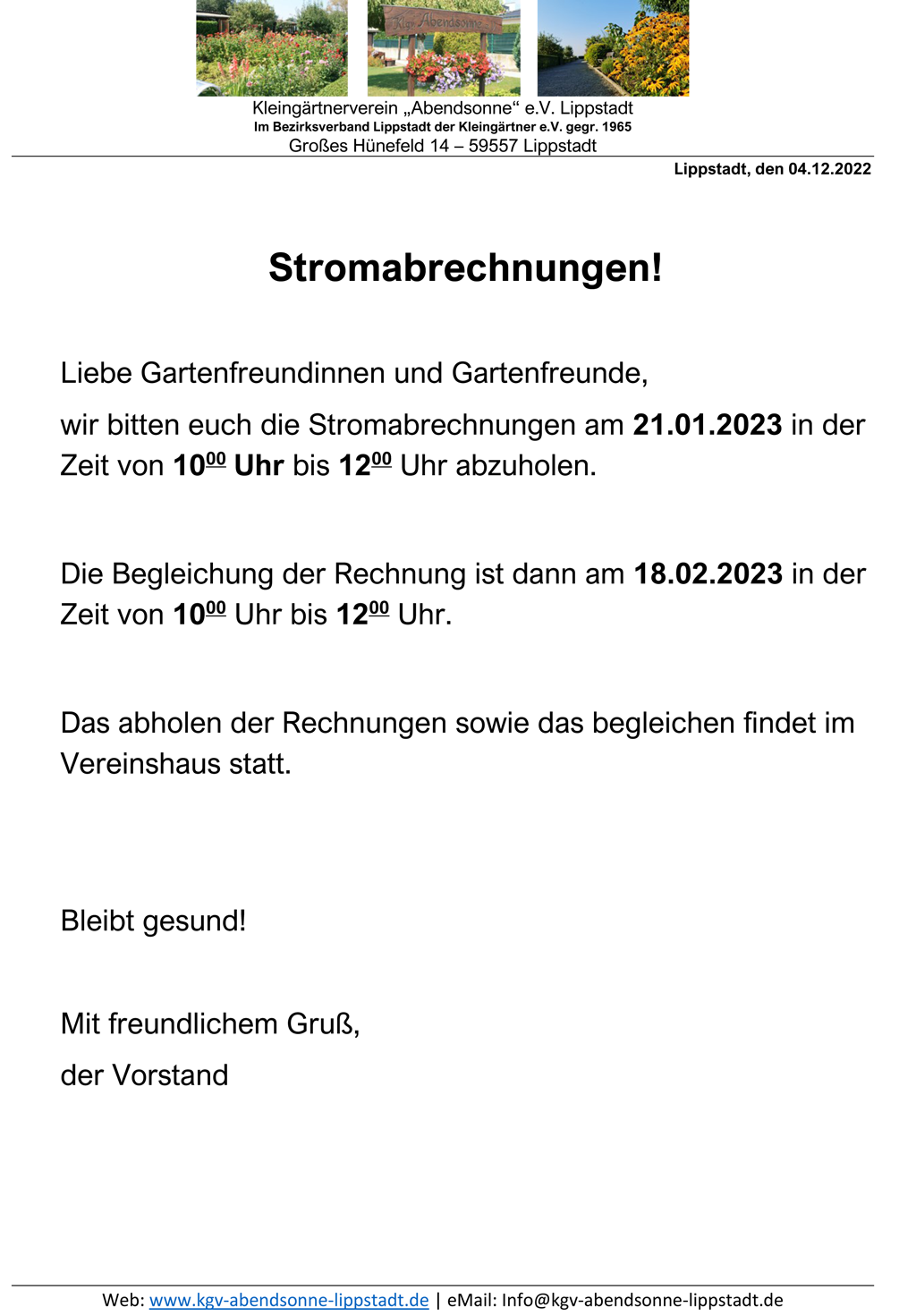 Abholung und Begleichung der Stromabrechnung