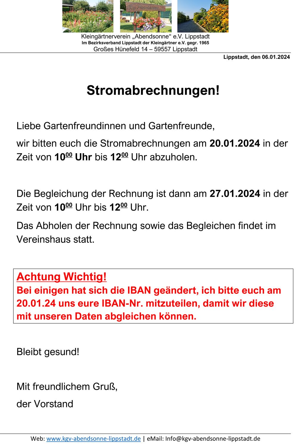 Abholung und Begleichung der Stromabrechnung